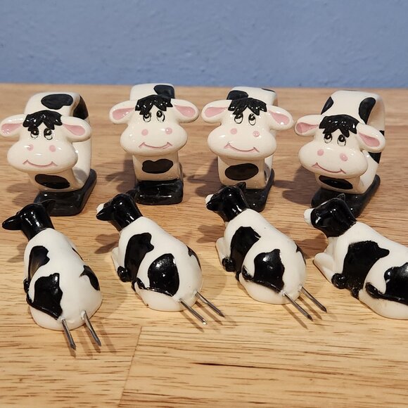 Black & White Dairy Cow Ceramic Napkin Rings Farmhouse Style W 4 Cow Corn Cobs - Picture 2 of 3